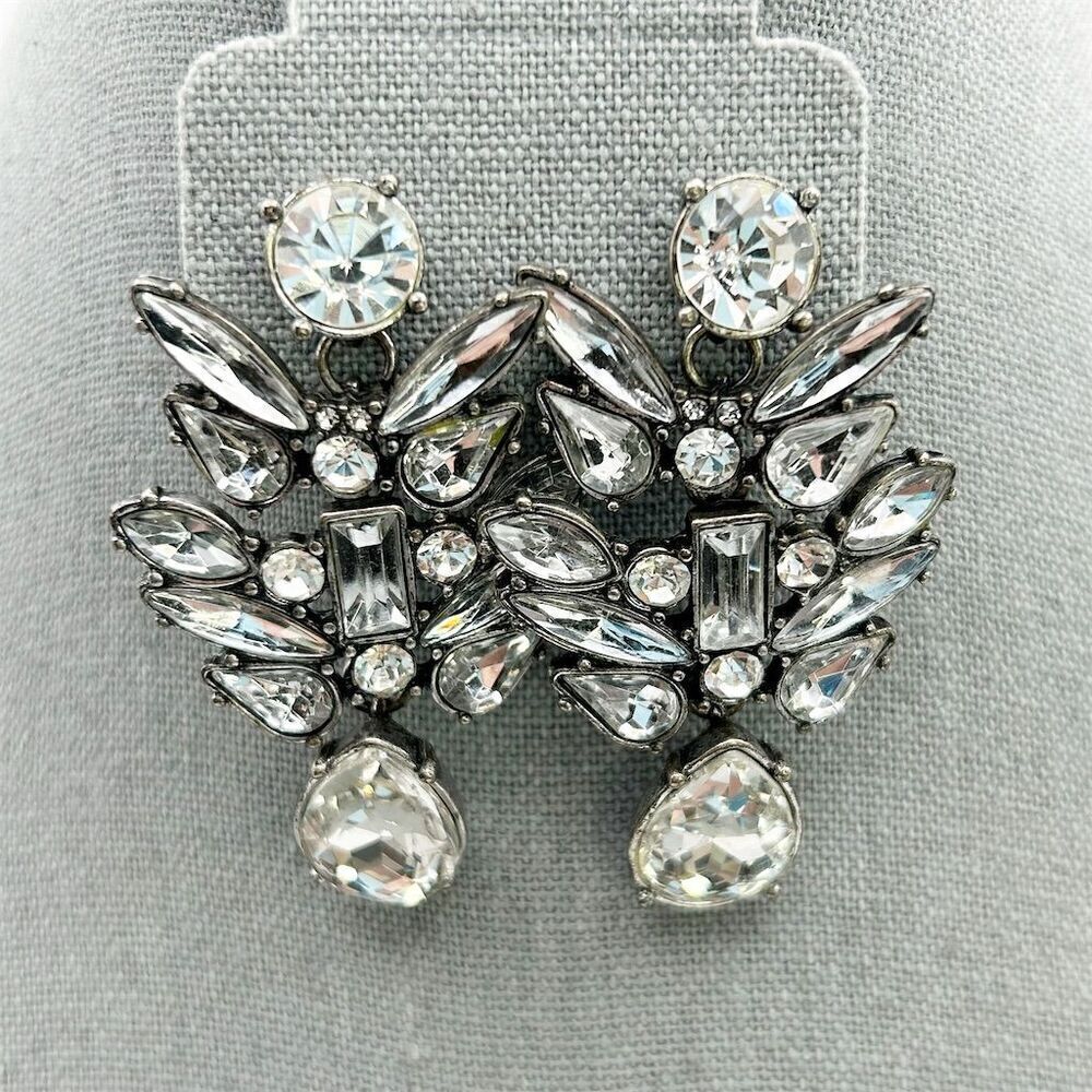 Statement Silver Rhinestones Teardrop & Baguette Leaf Stud Dangle Earrings